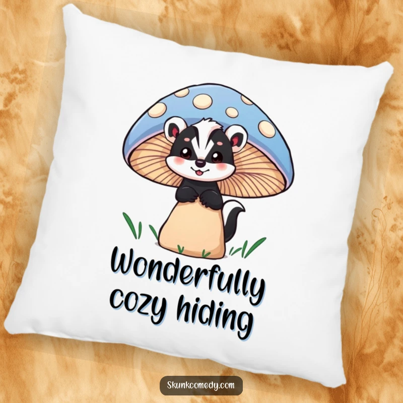 Funny skunk pillow showcasing a skunk peeking with wonder from behind a large, colorful mushroom, bringing cozy and humorous delight.
