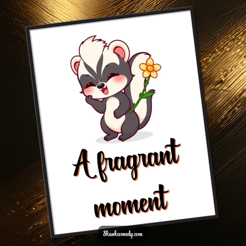 Funny skunk digital art print of a skunk contentedly twirling a flower, perfect for adding gentle humor and charm to decor.