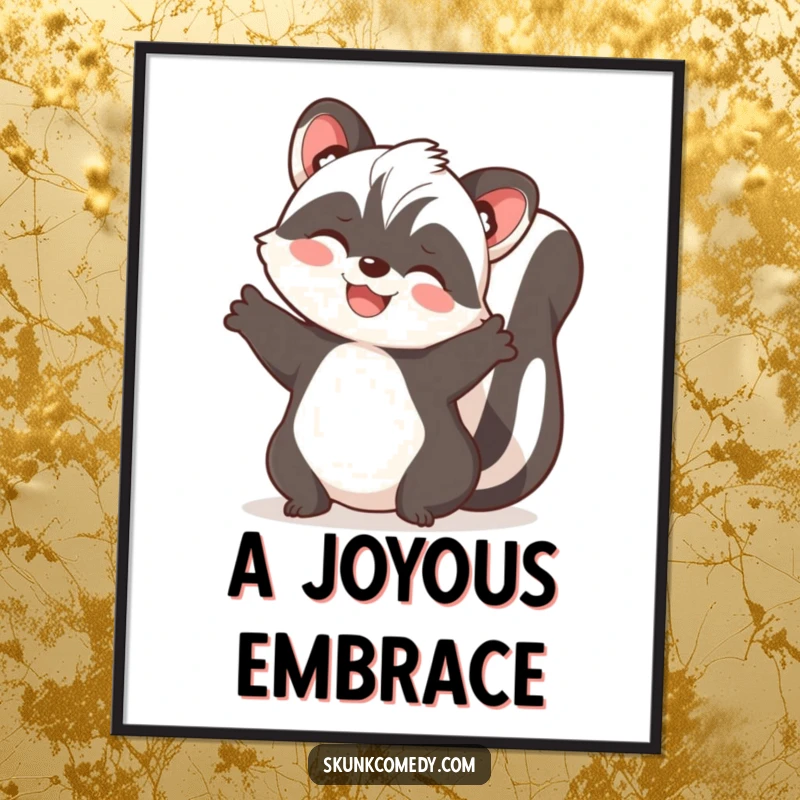 Funny skunk digital art print of a skunk with paws spread wide, offering a joyful embrace, ready for download.