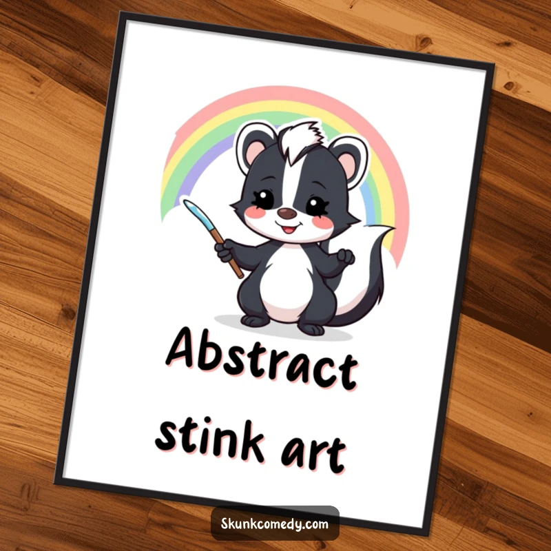 Funny skunk digital art print of a mischievous skunk artistically painting a beautiful rainbow, perfect for vibrant home decor.