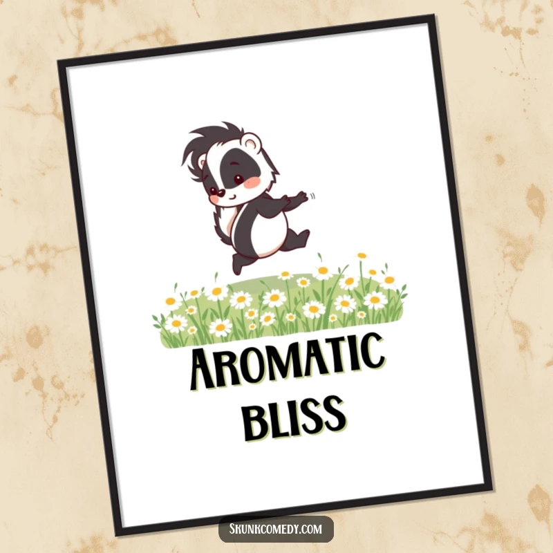 Funny skunk digital art print showing a happy skunk skipping through daisies, capturing pure, uninhibited joy.