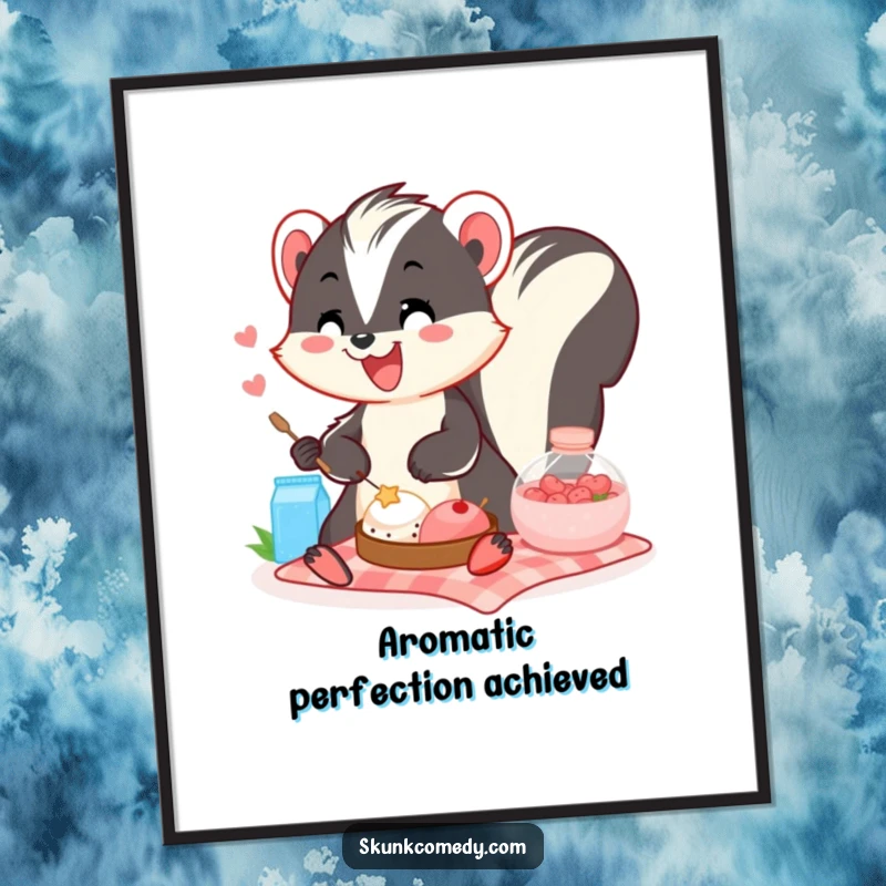 Funny skunk picnic digital art print of a smiling skunk sharing a meal, radiating happiness and humor.