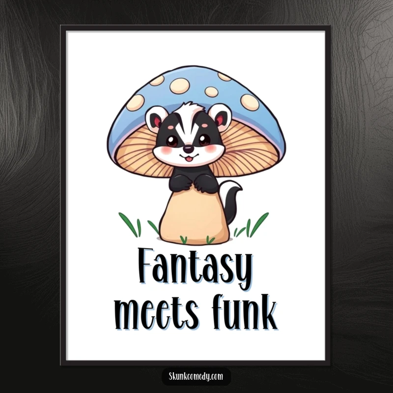 Funny skunk digital art print of a skunk peeking with wonder from behind a large, colorful mushroom, perfect for whimsical decor.