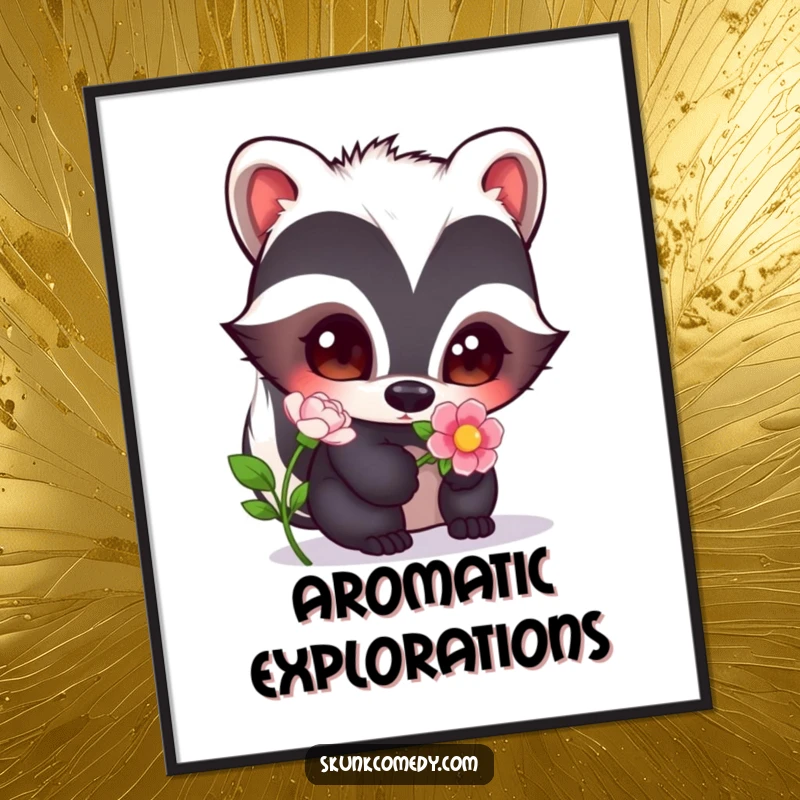 Funny skunk with wide, curious eyes sniffing a flower, a whimsical and humorous digital artwork.