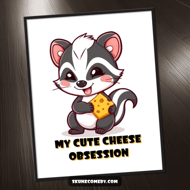 Funny Kawaii skunk digital art print, a mischievous skunk with a grin holding cheese, cute and humorous wall art.