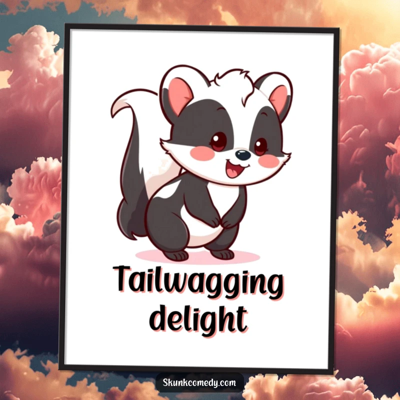 Funny Kawaii Skunk Digital Art Print of a cheerful skunk with a bouncy, happy tail wag, radiating pure joy for instant decor as a gift.