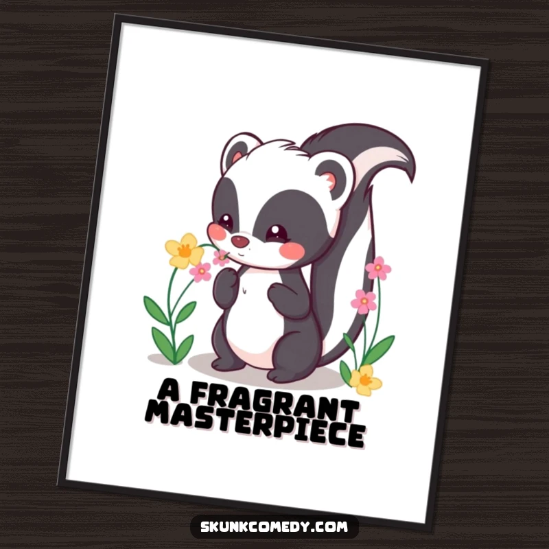 Funny Kawaii Skunk Digital Art Print of a cute skunk with tail up, happily sniffing flowers, embodying floral charm.
