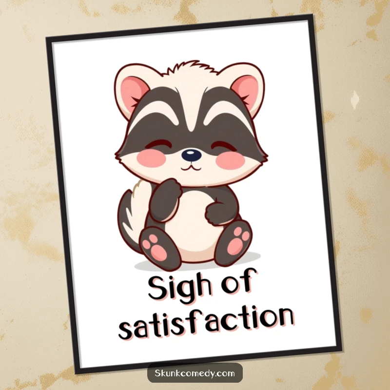 Funny Kawaii Skunk Digital Art Print of a skunk with a contented sigh, representing relaxation and serenity for instant decor as a gift.