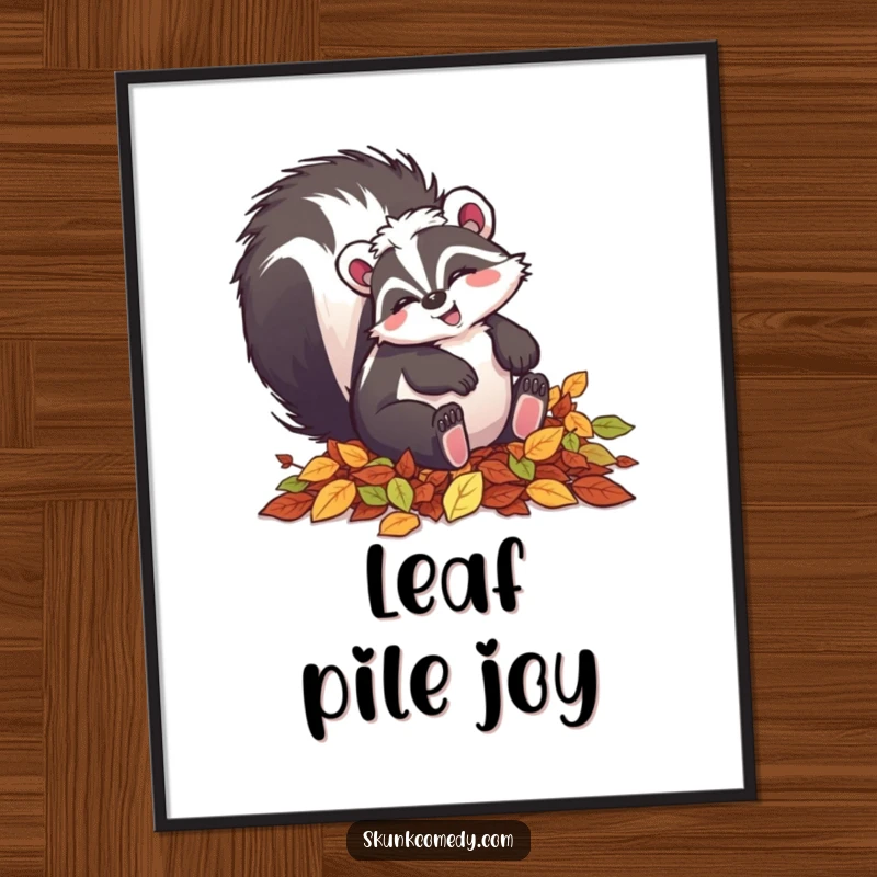 Funny skunk digital art print of a happy skunk playfully tumbling in a pile of colorful autumn leaves.
