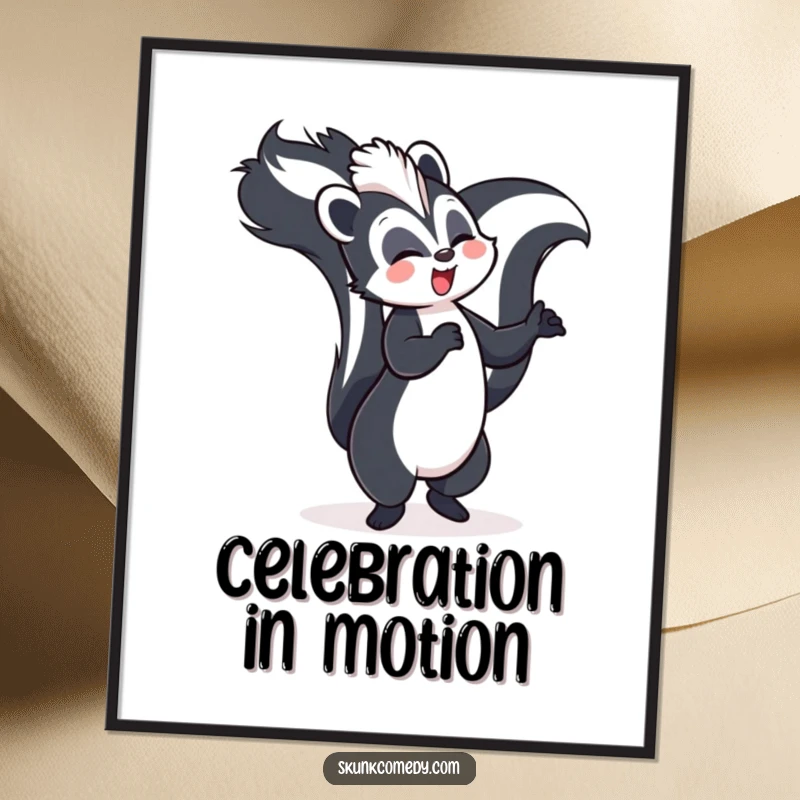 Funny skunk digital art print, joyfully dancing with its tail held high, humorous and celebratory artwork.