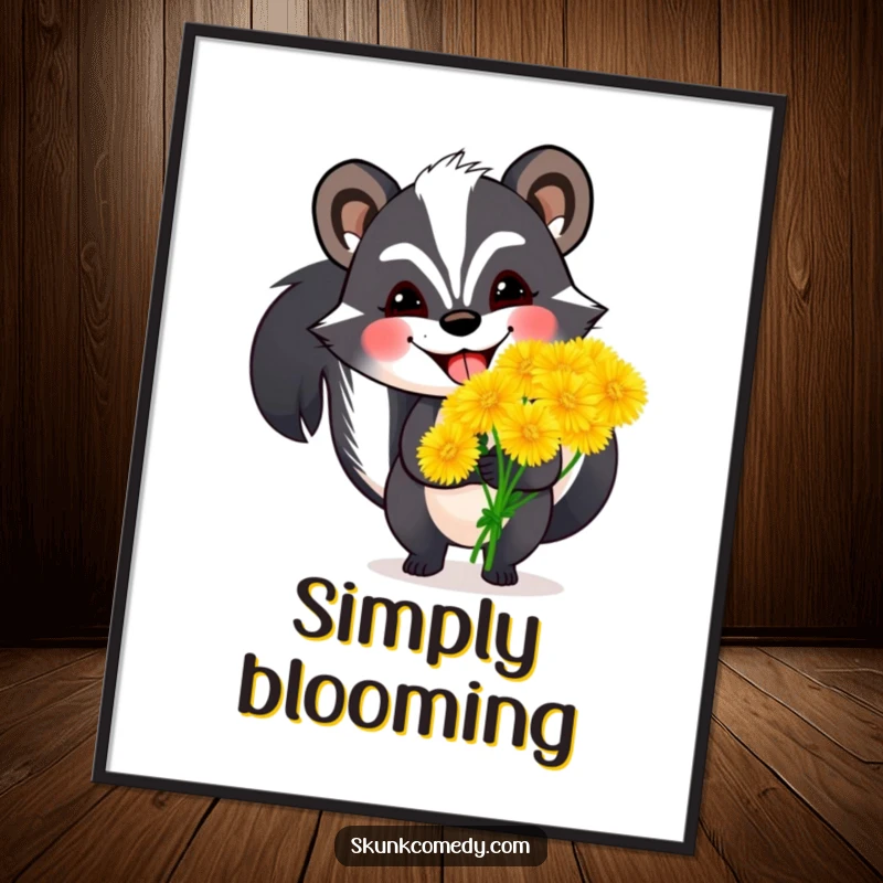 Funny skunk digital art print of a skunk with a wide grin holding oversized dandelions, perfect for cheerful and floral humorous decor.