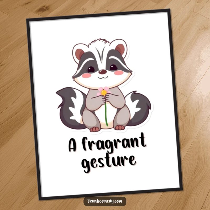 Funny digital art print of a shy skunk offering a flower with a smile, offering instant, sweet, and humorous wall decor.
