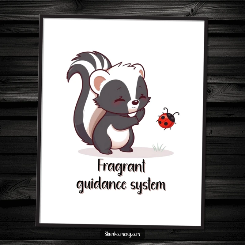 Funny skunk digital art print of a skunk gently helping a ladybug, symbolizing guidance and kindness.