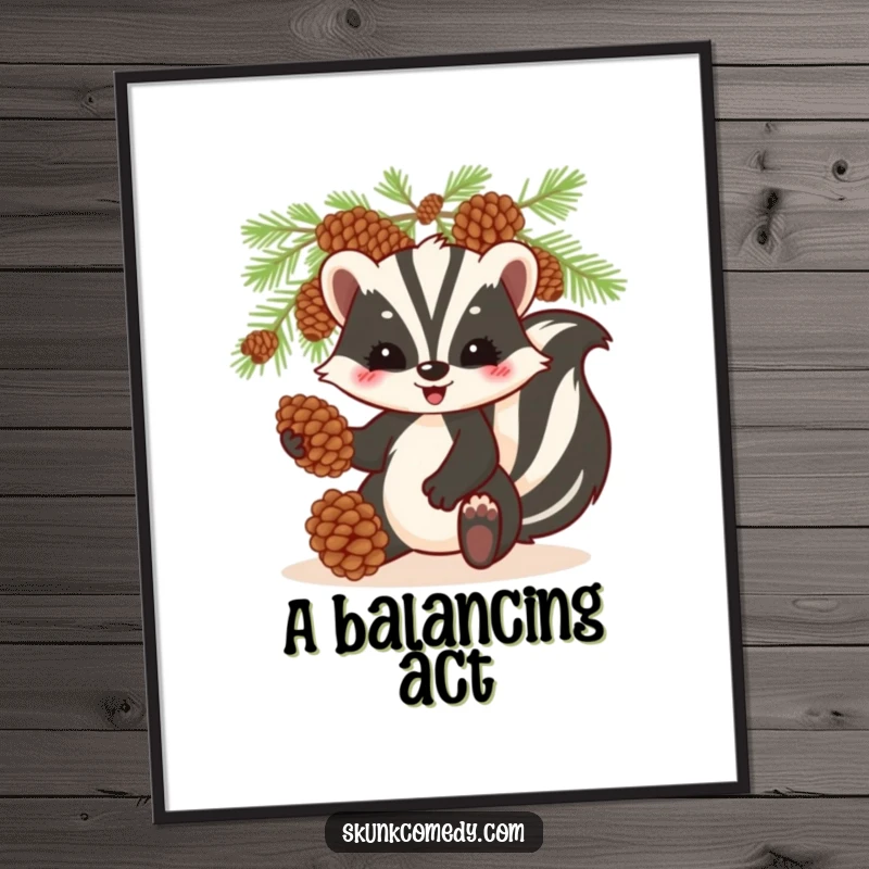 Funny skunk digital art print, playfully juggling pinecones, humorous and charming woodland artwork.