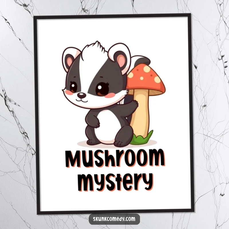 Funny skunk mushroom digital art, a playful skunk peeks from behind a mushroom, printable artwork with woodland humor.