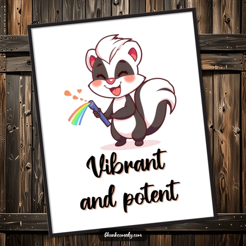 Funny skunk digital art print, cheerfully spraying a rainbow, instant downloadable humorous artwork.