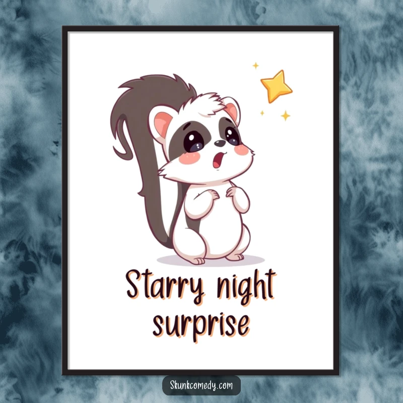 Funny surprised skunk looking up at a falling star, conveying whimsical humor as a digital art print.