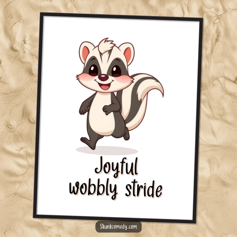 Funny skunk digital art print of a skunk doing a funny, wobbly walk with a happy bounce, ready for download.