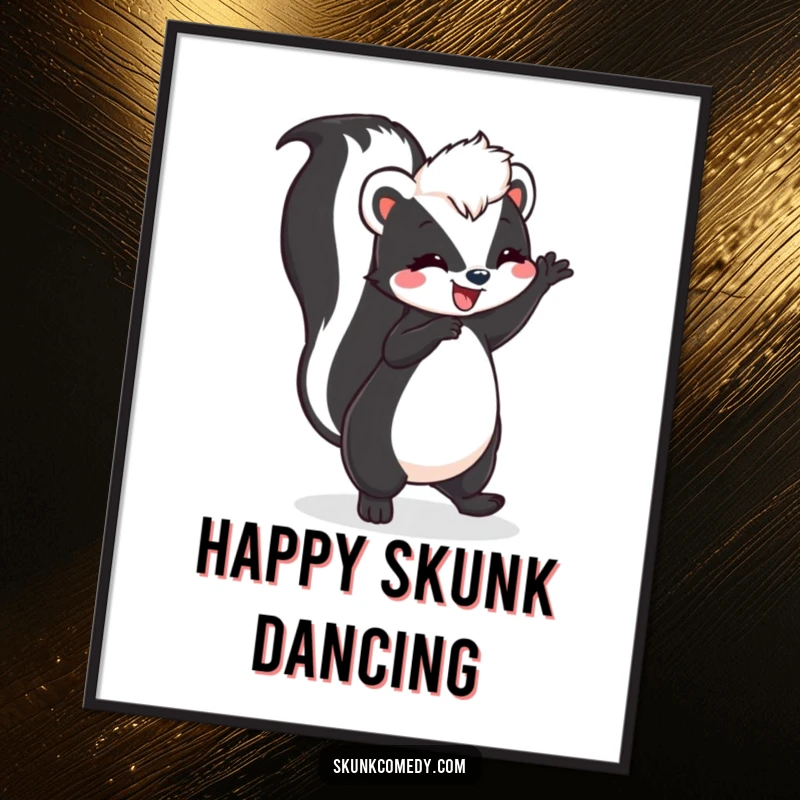 High-resolution digital art print of a funny skunk doing a joyful dance with its tail held high, ready for display.