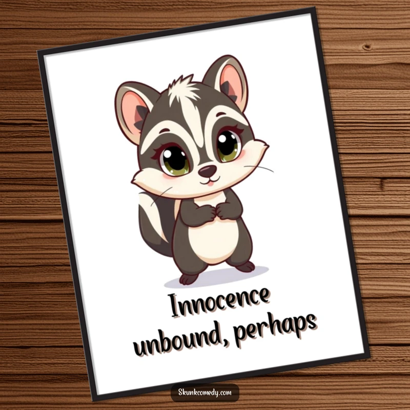 Funny skunk digital art print of a skunk with innocent eyes doing a happy skip, ready for instant download.