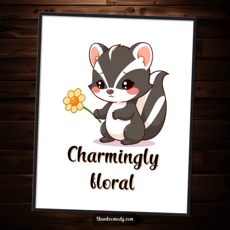 Funny Kawaii Skunk digital art print of a skunk charmingly offering a flower, perfect for download and spreading sweetness.