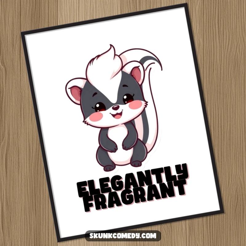 Funny Kawaii Skunk digital art print of a smiling skunk with its tail held high, perfect for download and spreading cheer.