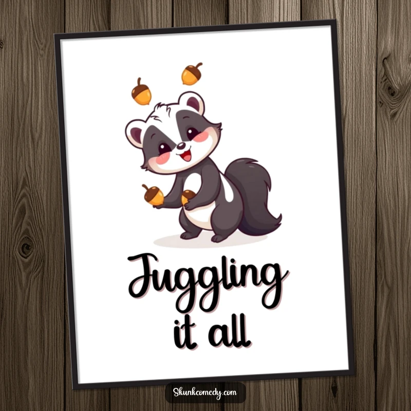 Funny skunk digital art print, a skunk happily juggling three colorful acorns, whimsical woodland wall art for nature lovers.