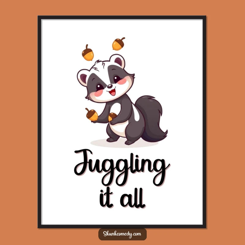 Funny Skunk Juggling Acorns Digital Art - Whimsical Nature Wall Decor Gift