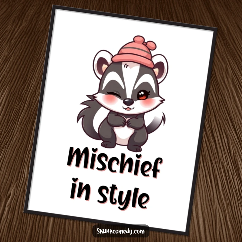Funny skunk digital art print, wearing a tiny hat, winking mischievously, humorous and charming artwork.