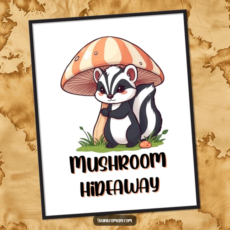 Funny skunk digital art print of a skunk peeking from behind a giant, striped mushroom, ready for download.
