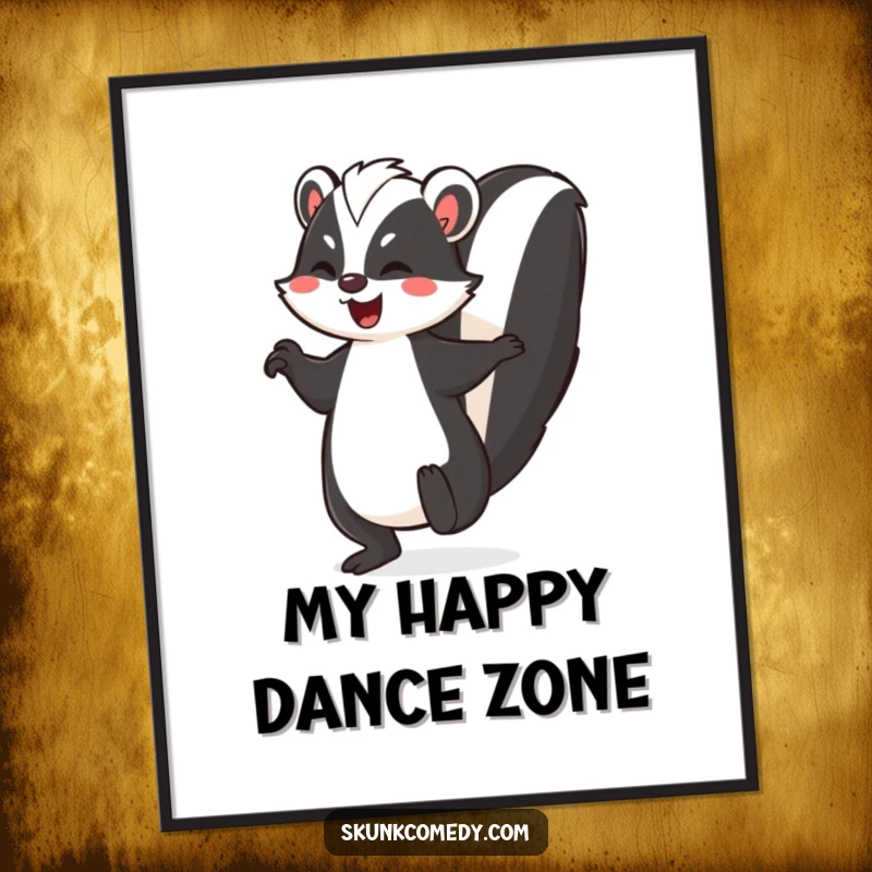 Funny skunk digital art print, a skunk joyfully dancing with its striped tail held high, energetic and humorous wall art.