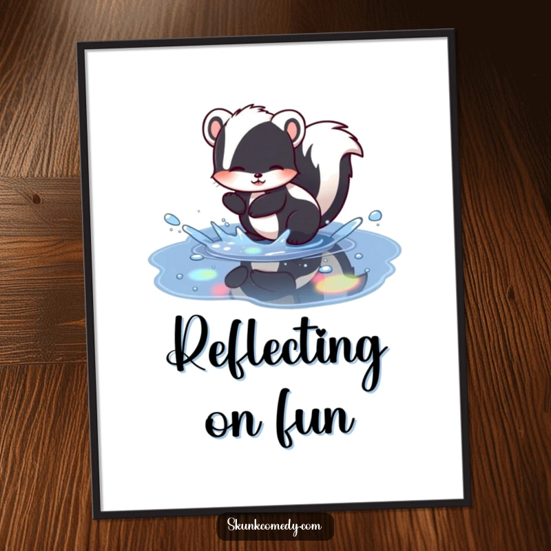 Funny skunk digital art print of a skunk splashing in a puddle with dazzling rainbow reflections, perfect for cheerful and humorous decor.
