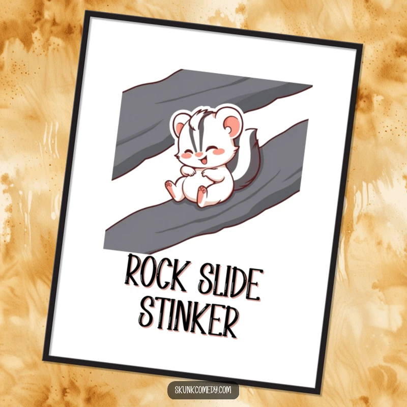 Funny digital art print of a skunk caught in a hilarious, giggling slide down a dark rock.