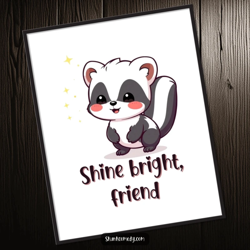 Funny Kawaii Skunk digital art print of a cute skunk emitting tiny, harmless sparkles of joy, perfect for printing.