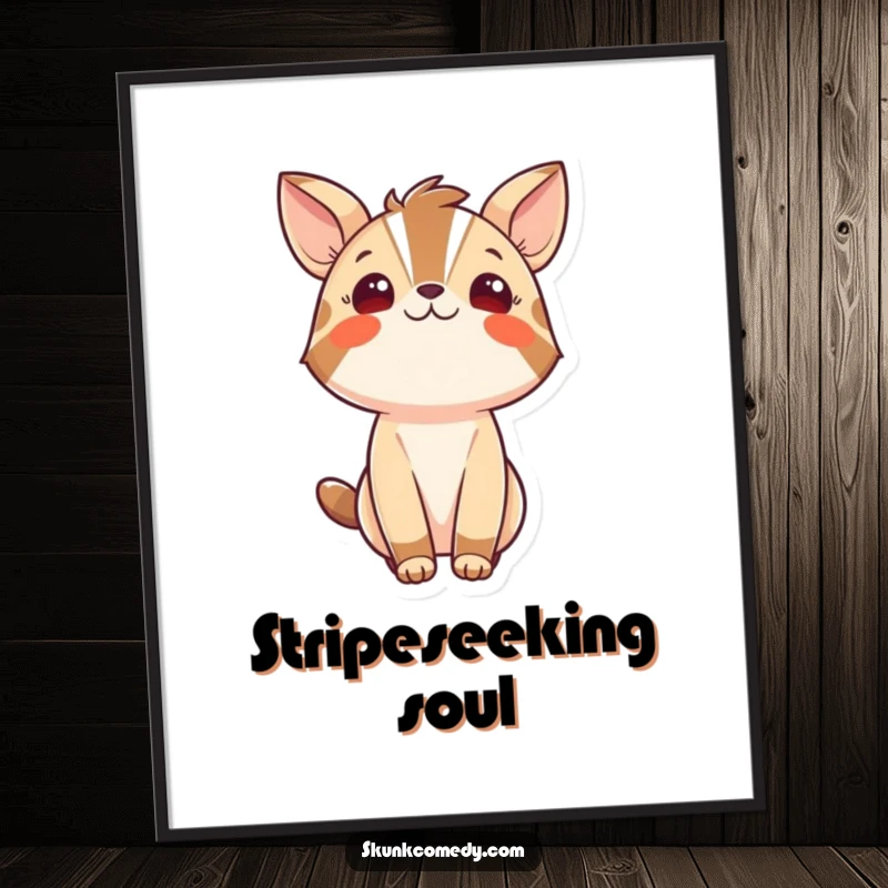 Funny digital art print of a bold striped animal character looking upwards with profound wonder, evoking a sense of mystery and fascination. Wall art.