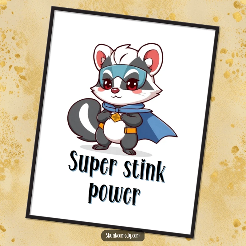 Funny skunk digital art print of a skunk in a superhero costume with a cape, ready to inspire.