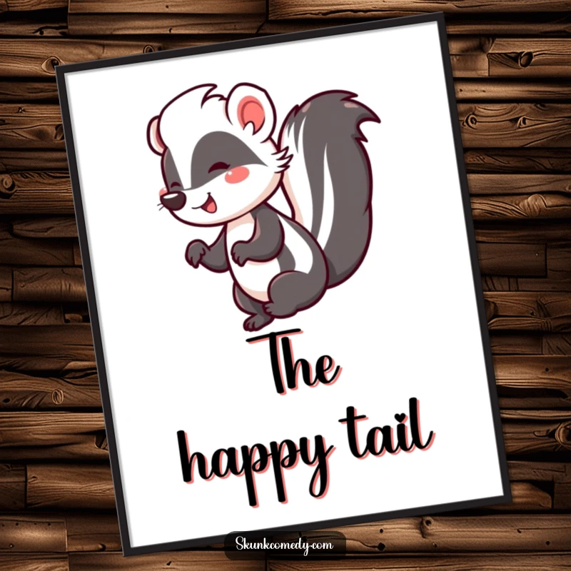 Funny digital art print of a joyful skunk doing a lively jig with its tail held high, perfect for printing and display.