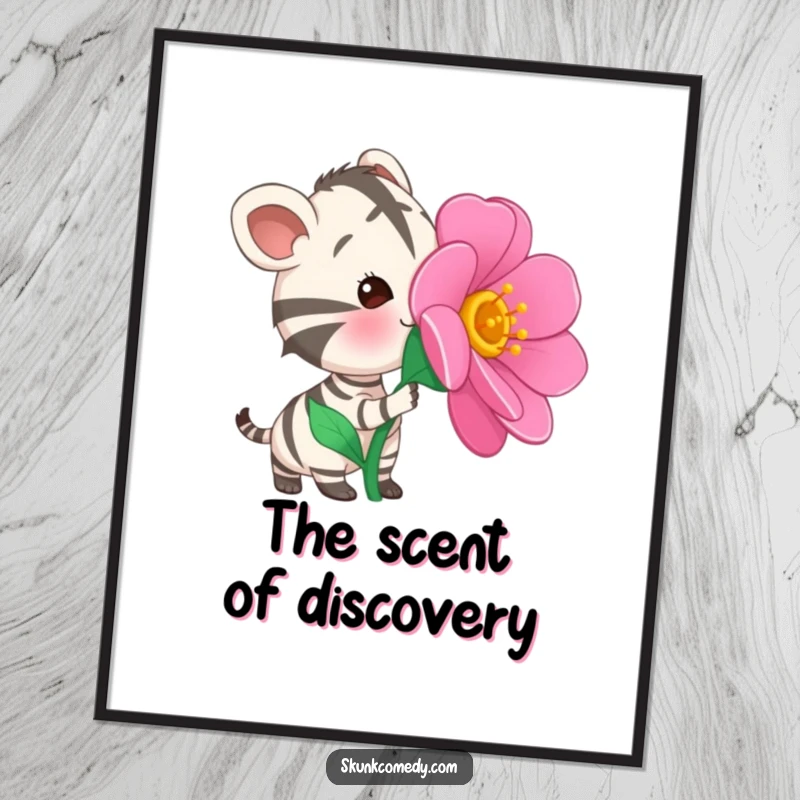 Funny Striped Animal Digital Art Print of a curious striped creature sniffing a large, vibrant, oversized flower, adding digital charm.