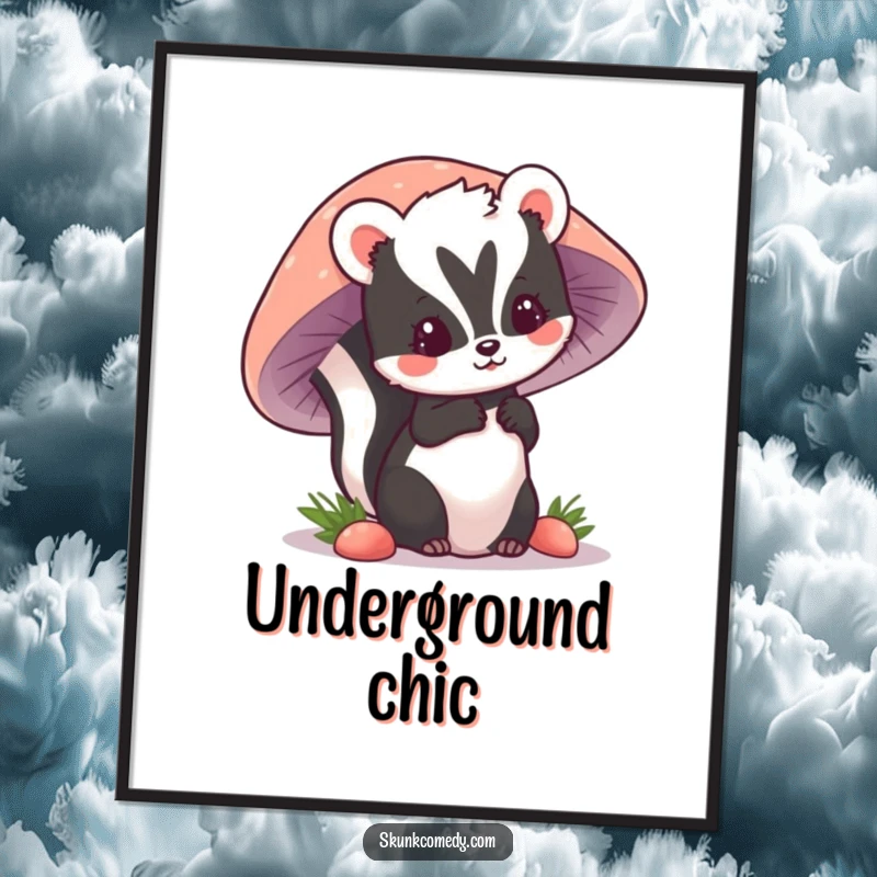 Funny kawaii skunk peeking from behind a mushroom, a charming digital artwork bursting with humor and cuteness.