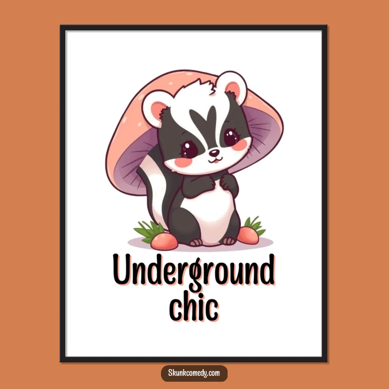 Funny Kawaii Skunk Digital Art: Mushroom Peek, Instant Hilarious Download