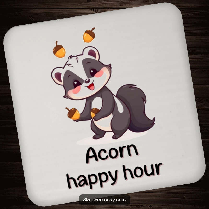 Funny skunk coaster, a skunk happily juggling three colorful acorns, protecting tables with woodland charm.