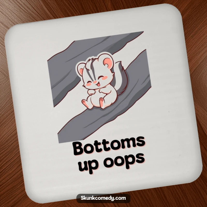 Funny drink coaster with a skunk in mid-slide, giggling with pure joy on a dark rock.