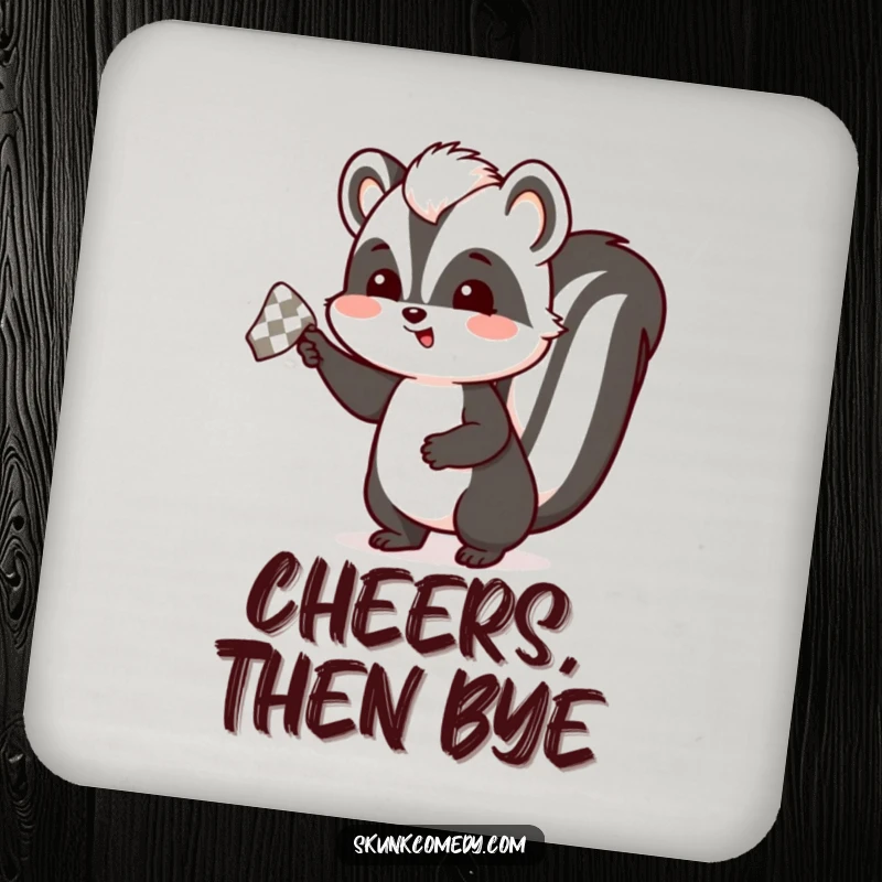 Funny skunk coasters (set of 4) illustrating a skunk enthusiastically waving a checkered handkerchief, adding humorous charm to tables.