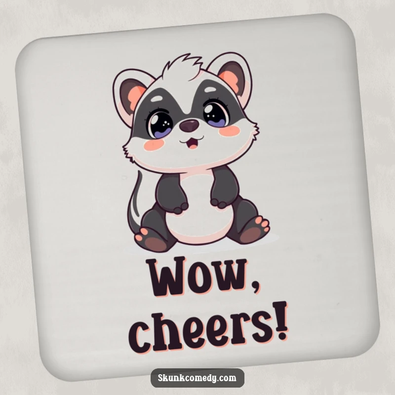 Funny Kawaii Skunk coaster with a skunk’s surprised, wide eyes looking up, perfect for adding humorous and amusing charm to any table.