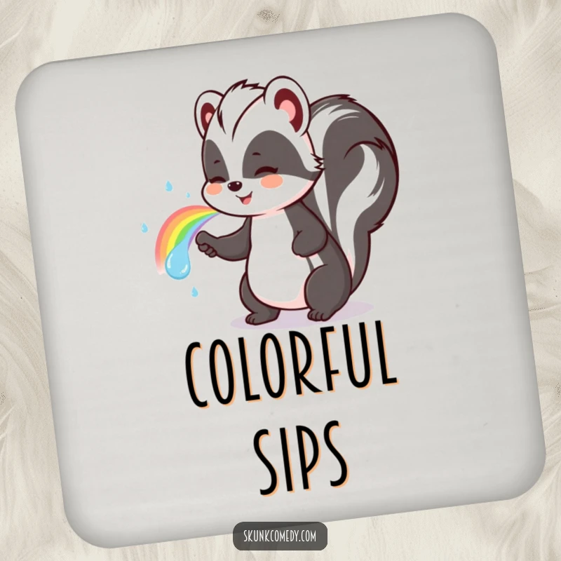 Funny skunk coasters featuring a cute skunk spraying a vibrant rainbow, a colorful addition to any table.