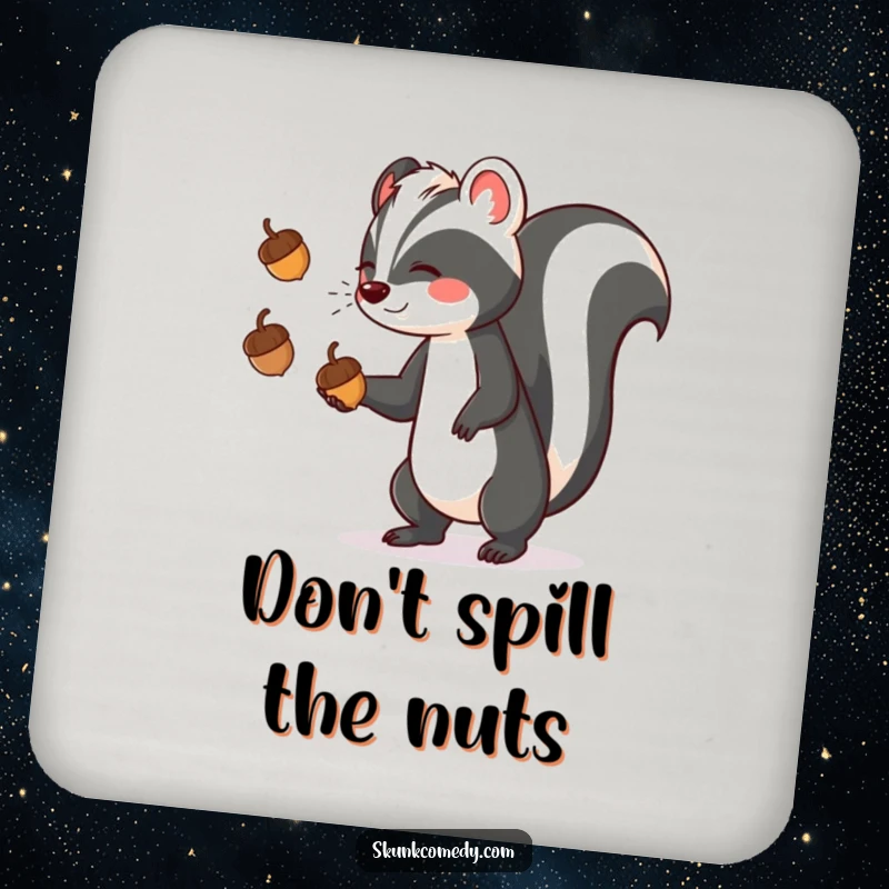 Funny skunk juggling acorns on protective drink coasters, bringing a touch of playful art to any table setting.