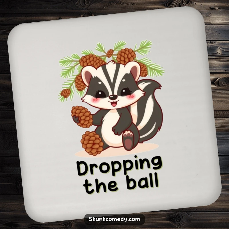 Funny skunk coasters, playfully juggling pinecones, protecting surfaces with humorous woodland art.