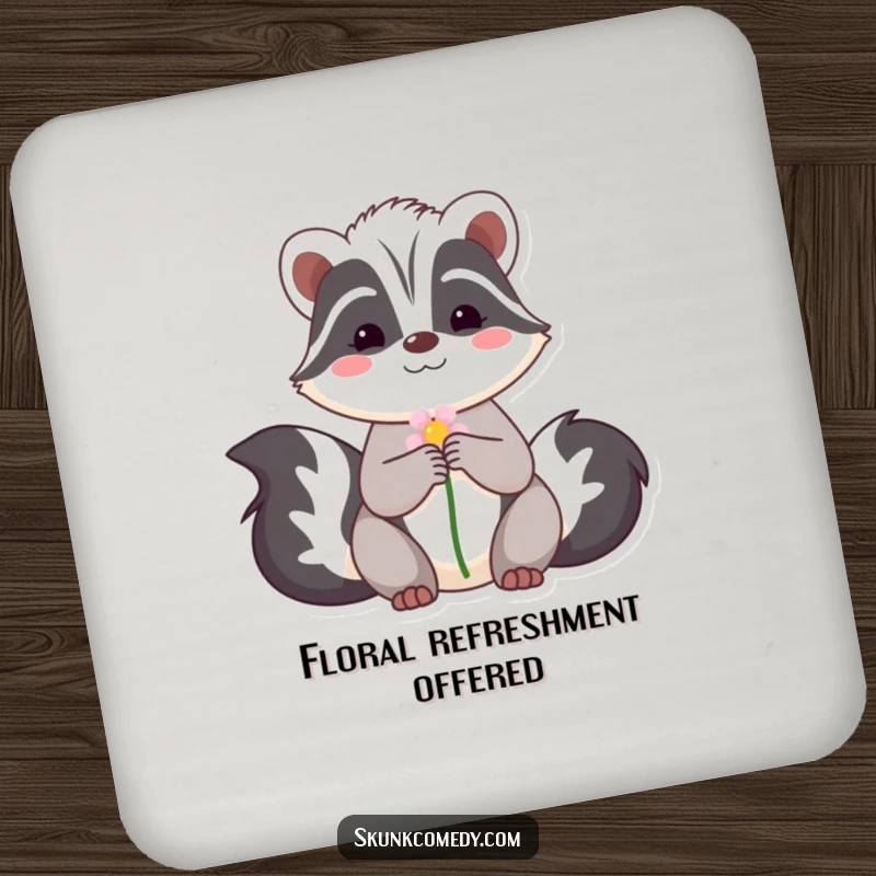 Funny drink coaster featuring a shy skunk offering a flower, providing a sweet, humorous, and protective surface.