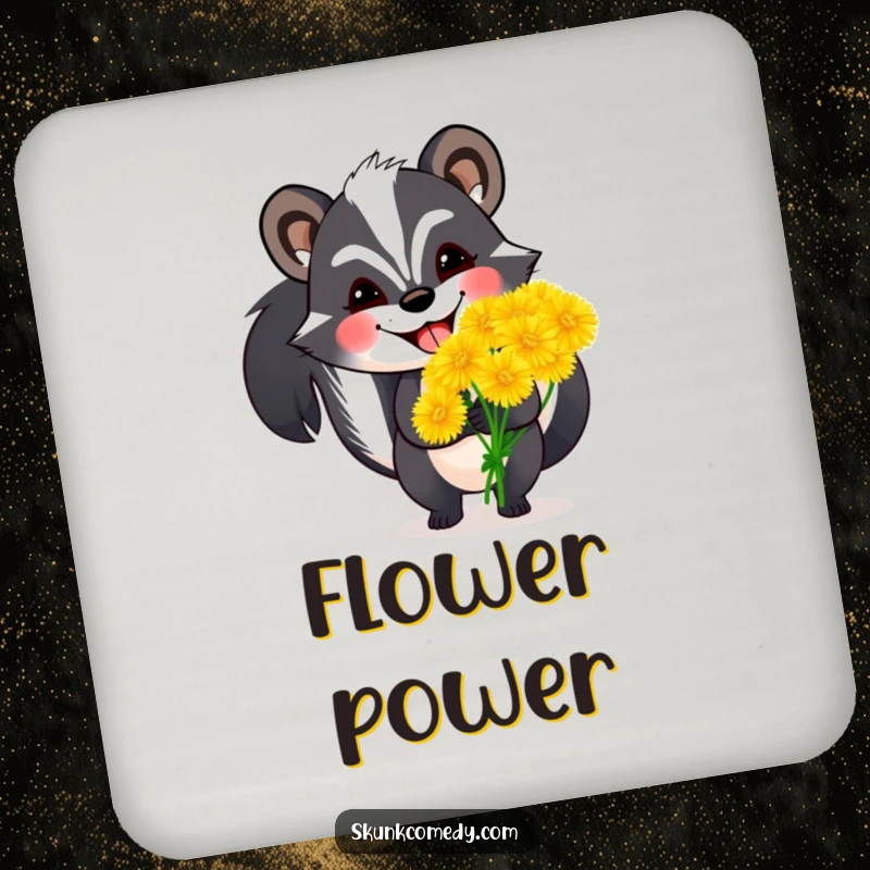 Funny skunk coasters (set of 4) illustrating a skunk with a wide grin holding oversized dandelions, adding floral humor to tables.