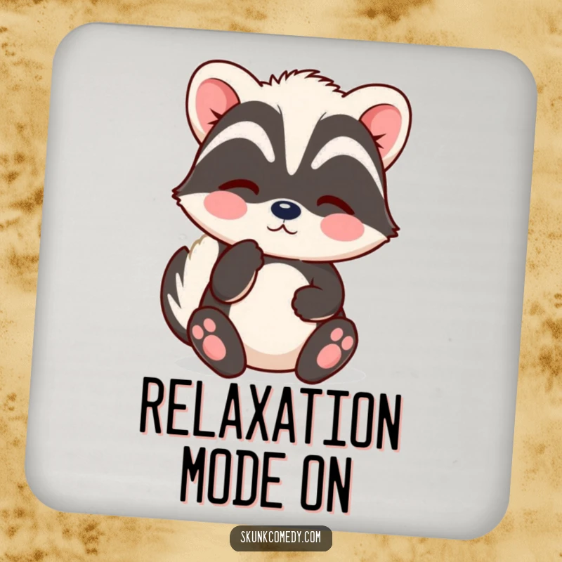 Funny Kawaii Skunk Coaster with a skunk sighing contentedly, offering protection with peaceful vibes, a cute gift.
